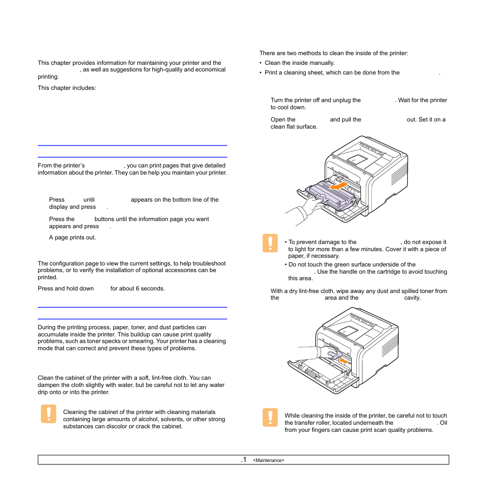 Maintenance, Cleaning the printer, Cleaning the outside of the printer | Cleaning the inside of the printer, Printing information page | Samsung ML-3051N User Manual | Page 38 / 102
