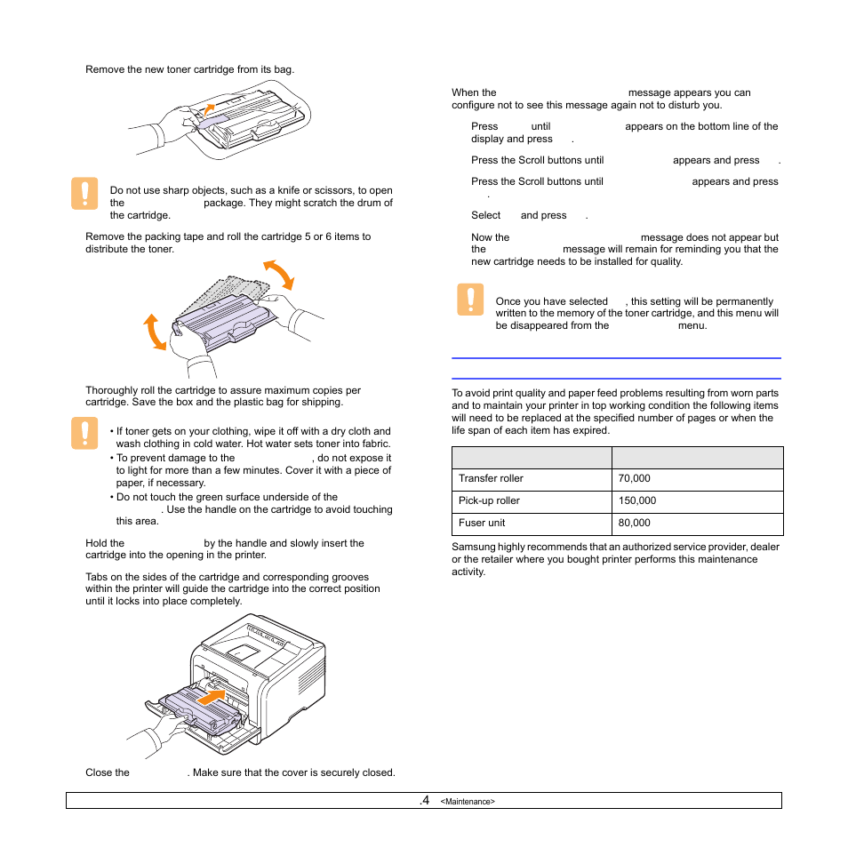 Clearing the toner low replace toner message, Maintenance parts | Samsung ML-3051N User Manual | Page 41 / 102