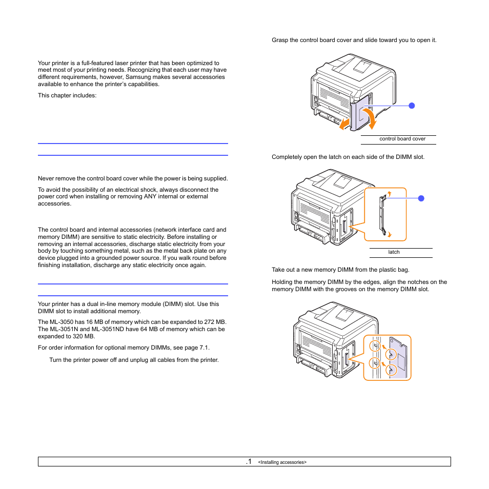 Installing accessories, Precautions when installing accessories, Installing a memory dimm | Samsung ML-3051N User Manual | Page 56 / 102