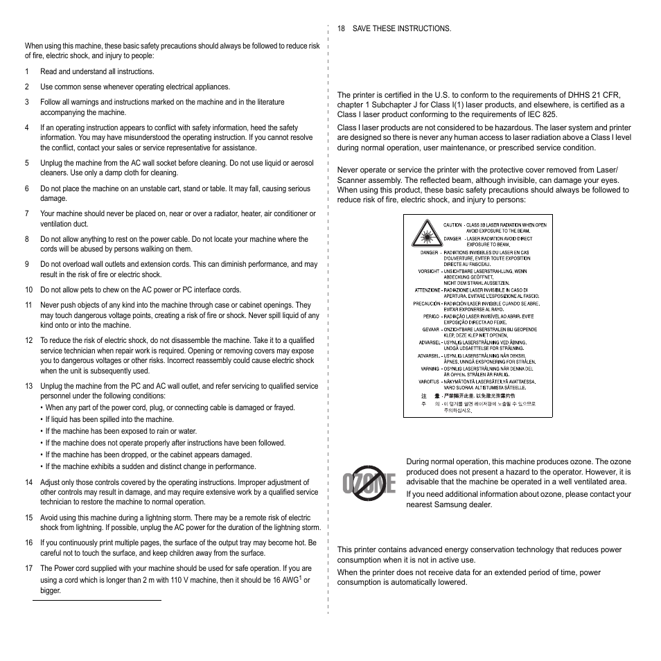 Important precautions and safety information, Environmental and safety consideration, Ozone safety | Power saver | Samsung ML-3051N User Manual | Page 7 / 102