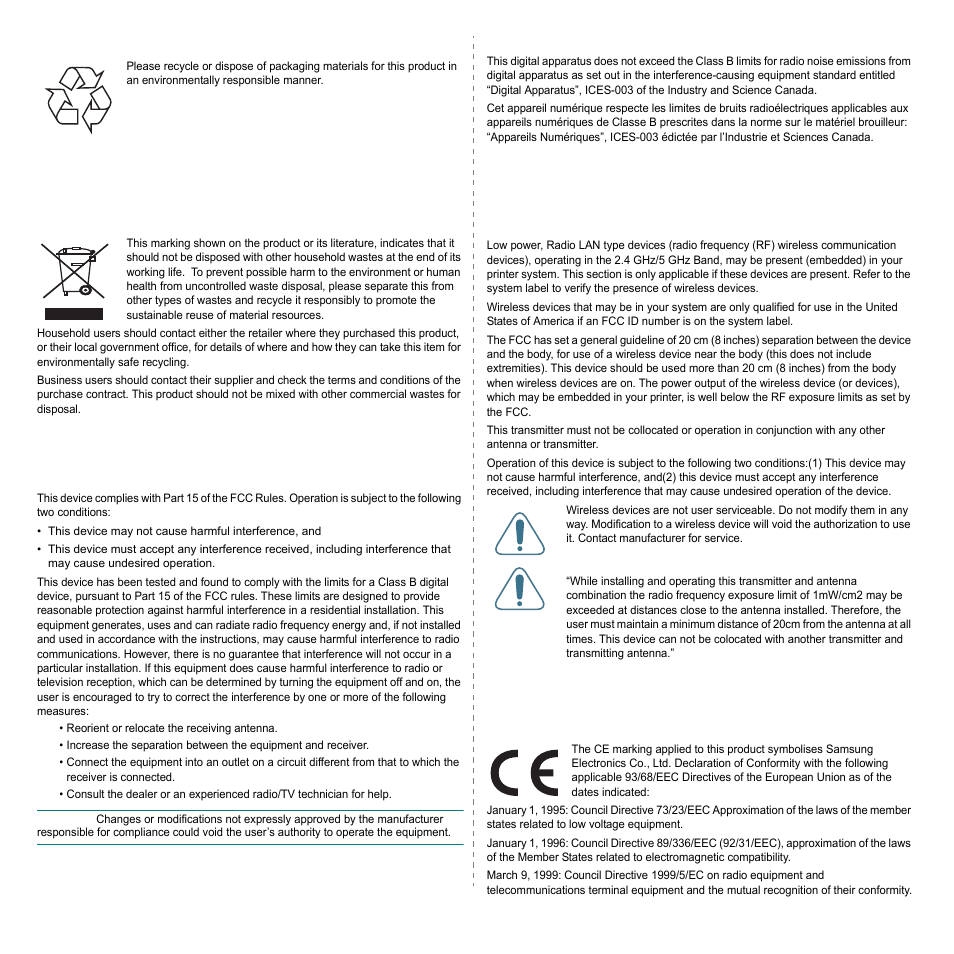 Recycling, Radio frequency emissions, United states of america | Declaration of conformity (european countries) | Samsung ML-3051N User Manual | Page 8 / 102