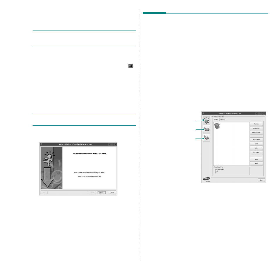 Uninstalling the unified linux driver, Using the unified driver configurator, Opening the unified driver configurator | Samsung ML-3051N User Manual | Page 91 / 102