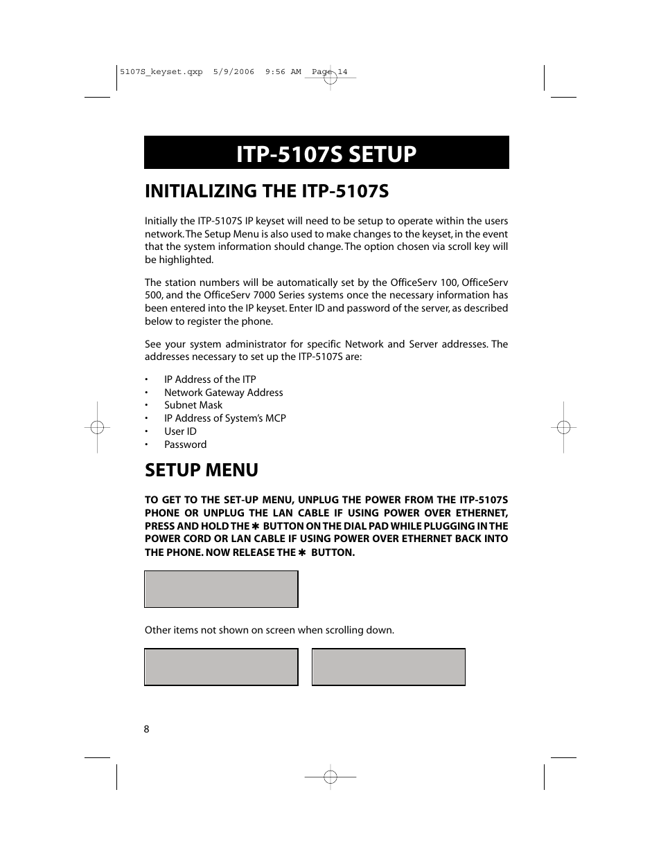 Itp-5107s setup, Initializing the itp-5107s, Setup menu | Samsung ITP-5107SIP User Manual | Page 15 / 86
