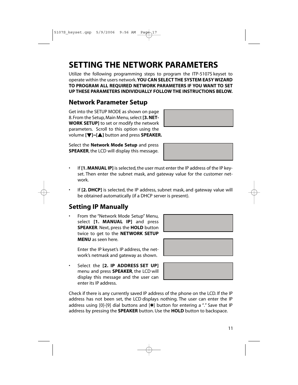 Setting the network parameters, Network parameter setup, Setting ip manually | Samsung ITP-5107SIP User Manual | Page 18 / 86