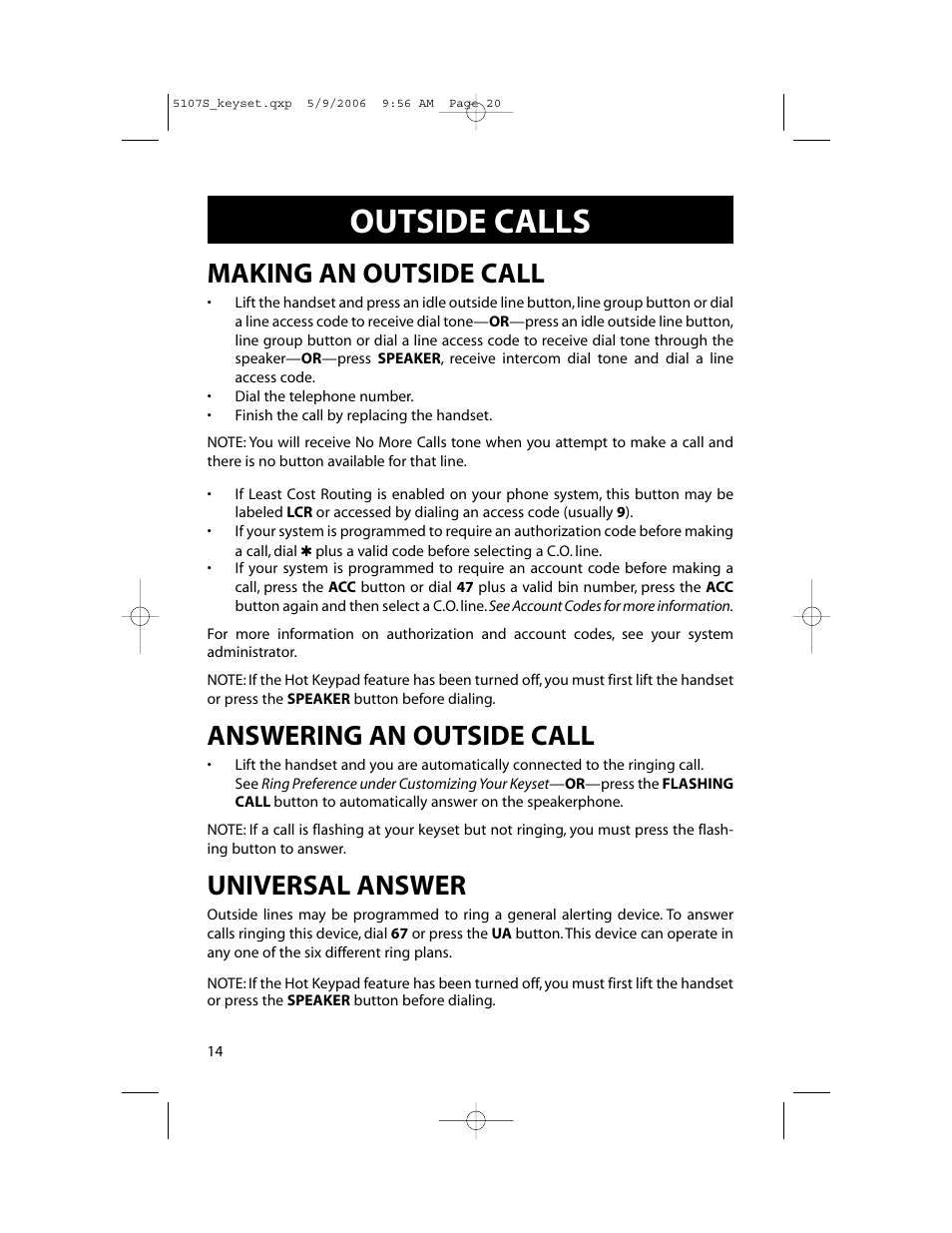 Outside calls, Making an outside call, Answering an outside call | Universal answer | Samsung ITP-5107SIP User Manual | Page 21 / 86