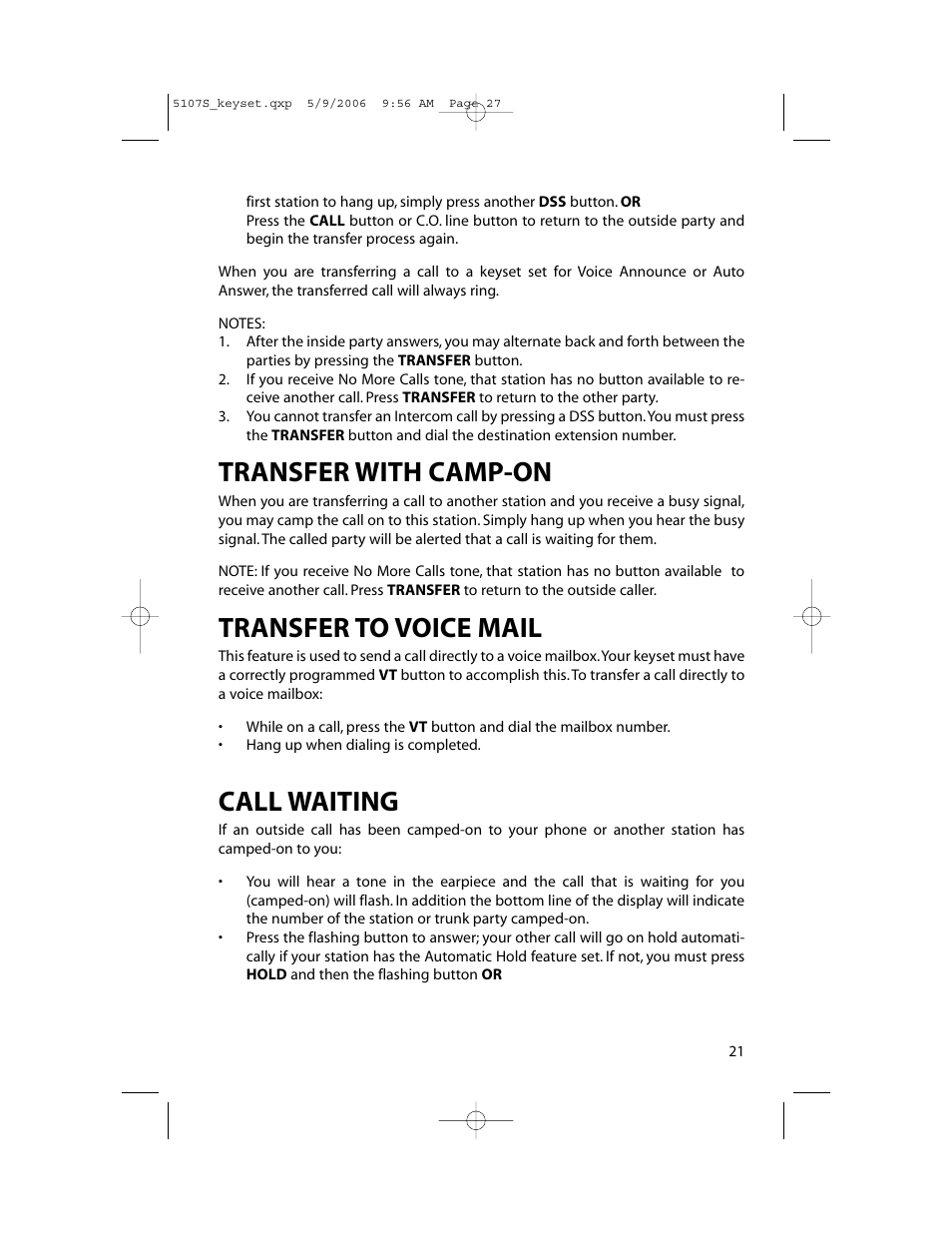 Transfer with camp-on, Transfer to voice mail, Call waiting | Samsung ITP-5107SIP User Manual | Page 28 / 86
