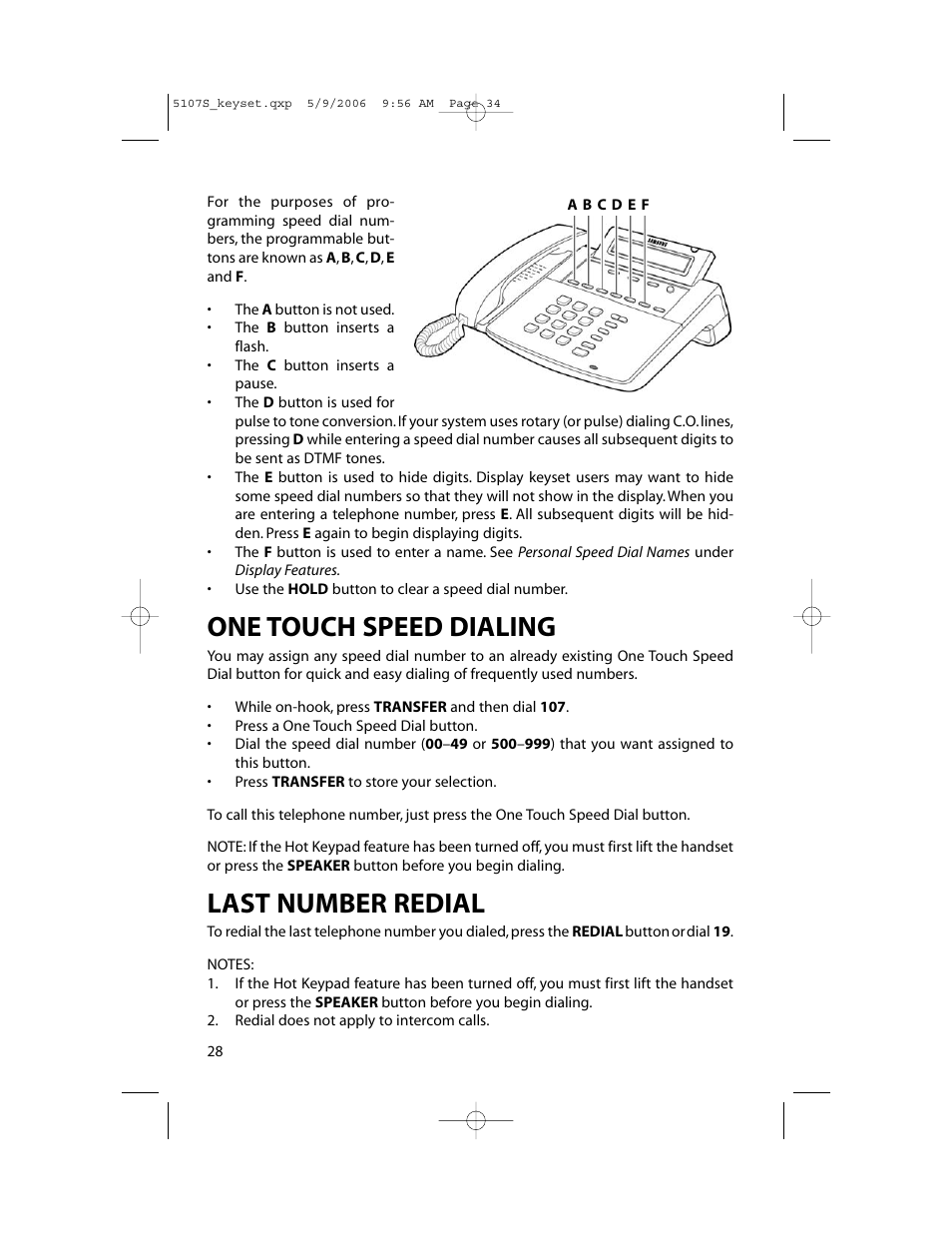 One touch speed dialing, Last number redial | Samsung ITP-5107SIP User Manual | Page 35 / 86