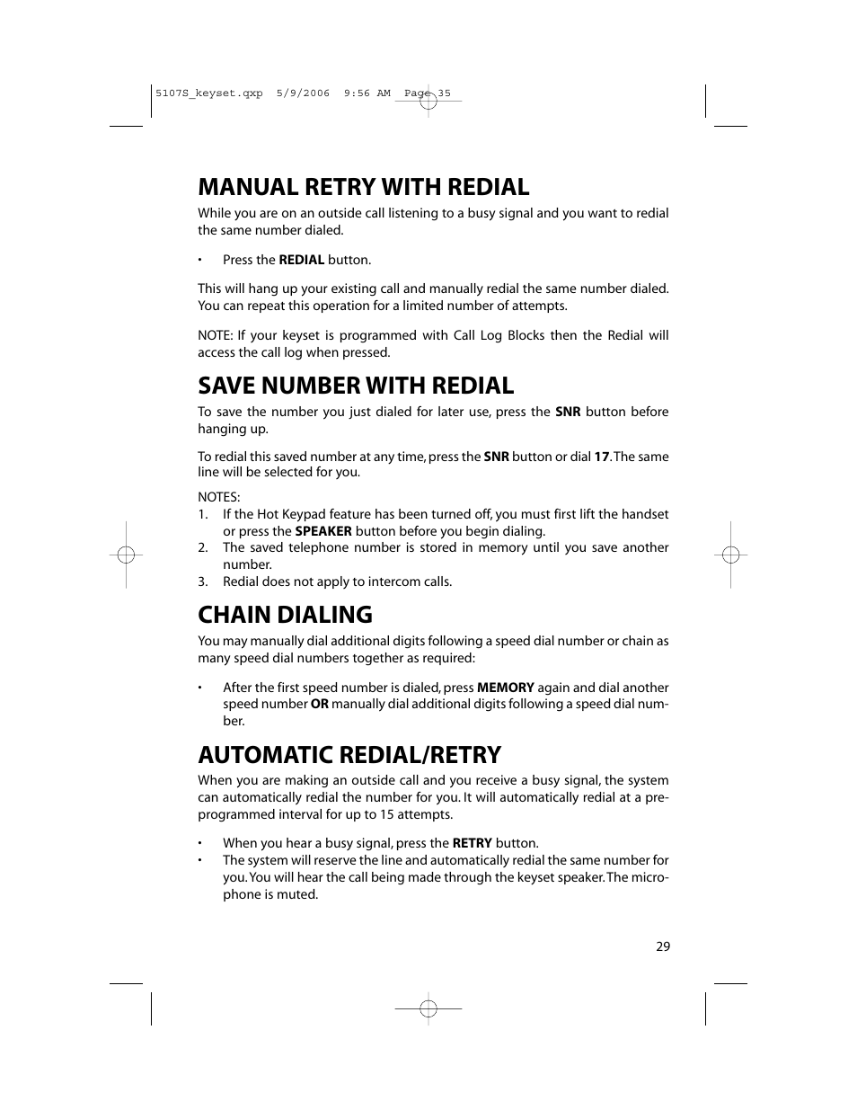 Manual retry with redial, Save number with redial, Chain dialing | Automatic redial/retry | Samsung ITP-5107SIP User Manual | Page 36 / 86