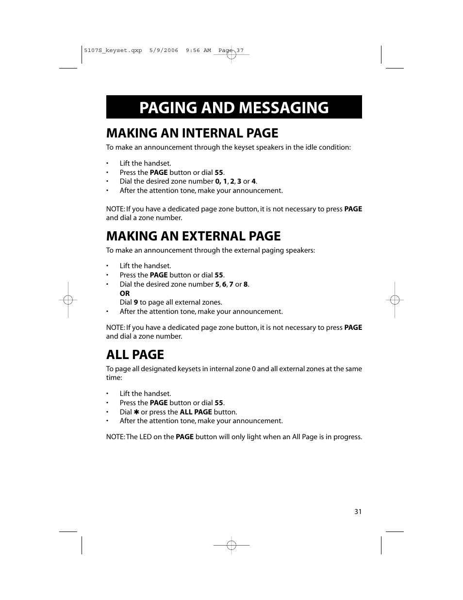 Paging and messaging, Making an internal page, Making an external page | All page | Samsung ITP-5107SIP User Manual | Page 38 / 86