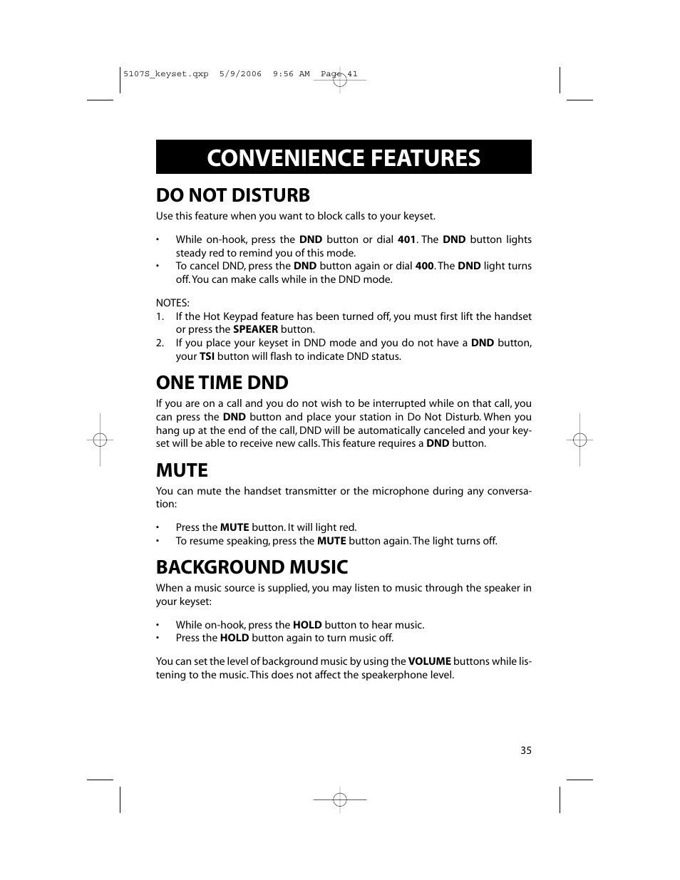Convenience features, Do not disturb, One time dnd | Mute, Background music | Samsung ITP-5107SIP User Manual | Page 42 / 86