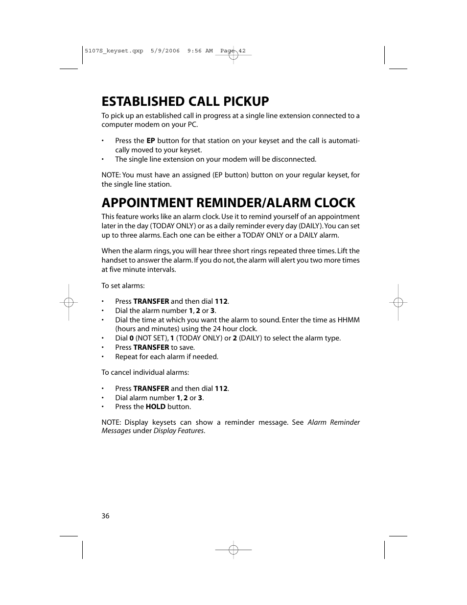 Established call pickup, Appointment reminder/alarm clock | Samsung ITP-5107SIP User Manual | Page 43 / 86