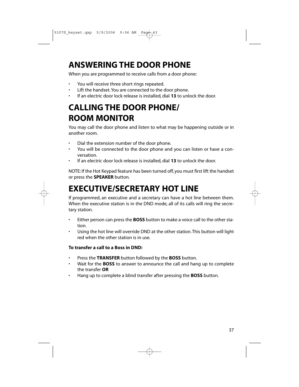 Answering the door phone, Calling the door phone/ room monitor, Executive/secretary hot line | Samsung ITP-5107SIP User Manual | Page 44 / 86