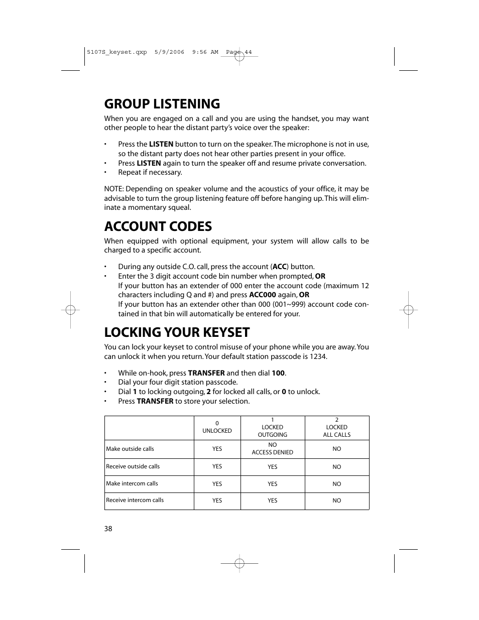 Group listening, Account codes, Locking your keyset | Samsung ITP-5107SIP User Manual | Page 45 / 86