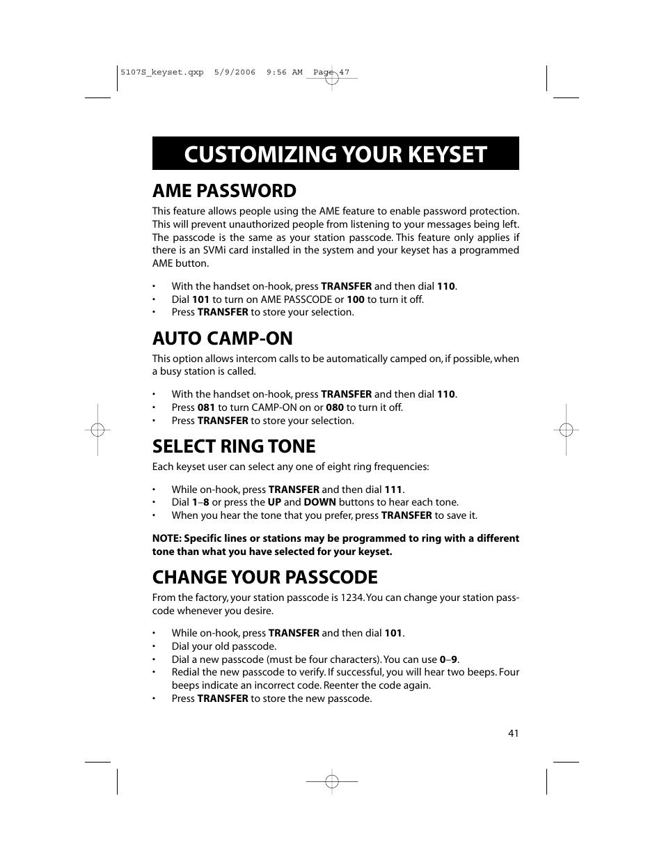Customizing your keyset, Ame password, Auto camp-on | Select ring tone, Change your passcode | Samsung ITP-5107SIP User Manual | Page 48 / 86