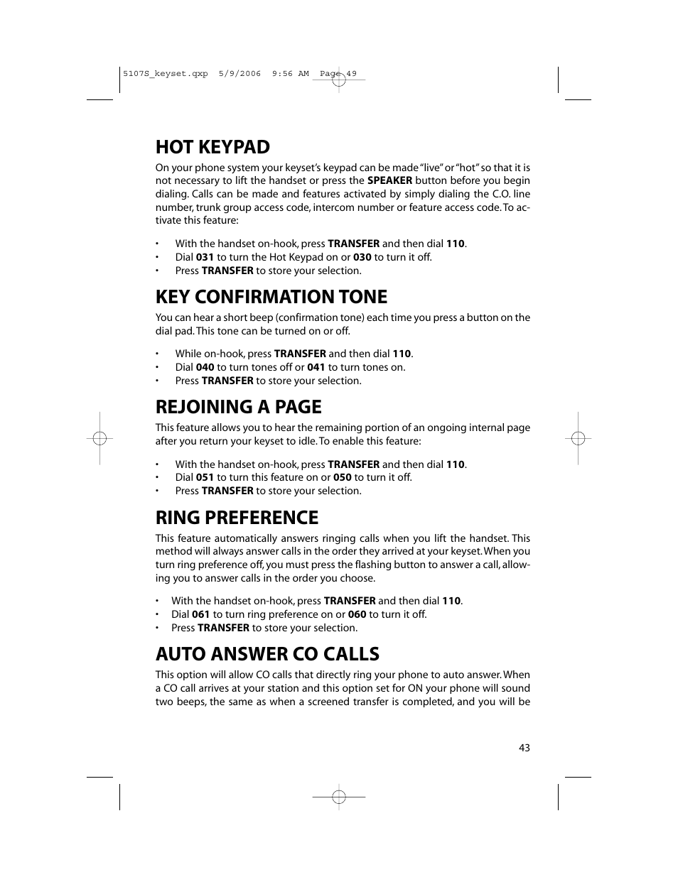 Hot keypad, Key confirmation tone, Rejoining a page | Ring preference, Auto answer co calls | Samsung ITP-5107SIP User Manual | Page 50 / 86