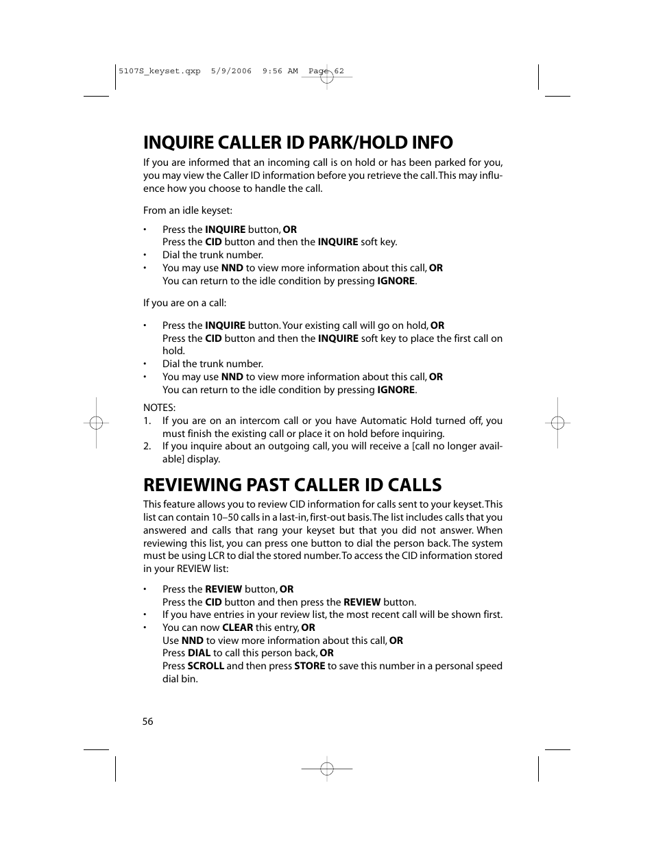 Inquire caller id park/hold info, Reviewing past caller id calls | Samsung ITP-5107SIP User Manual | Page 63 / 86