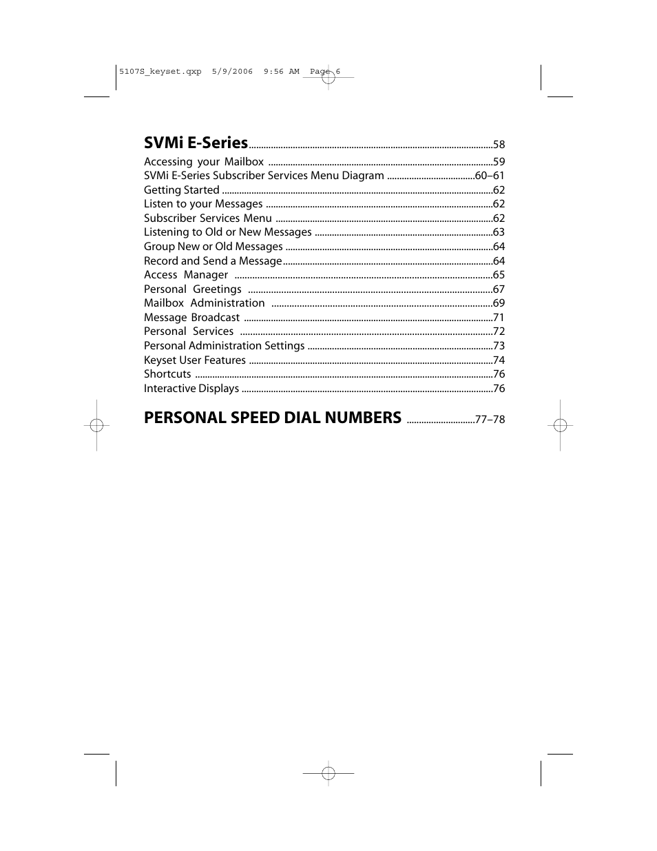 Svmi e-series, Personal speed dial numbers | Samsung ITP-5107SIP User Manual | Page 7 / 86
