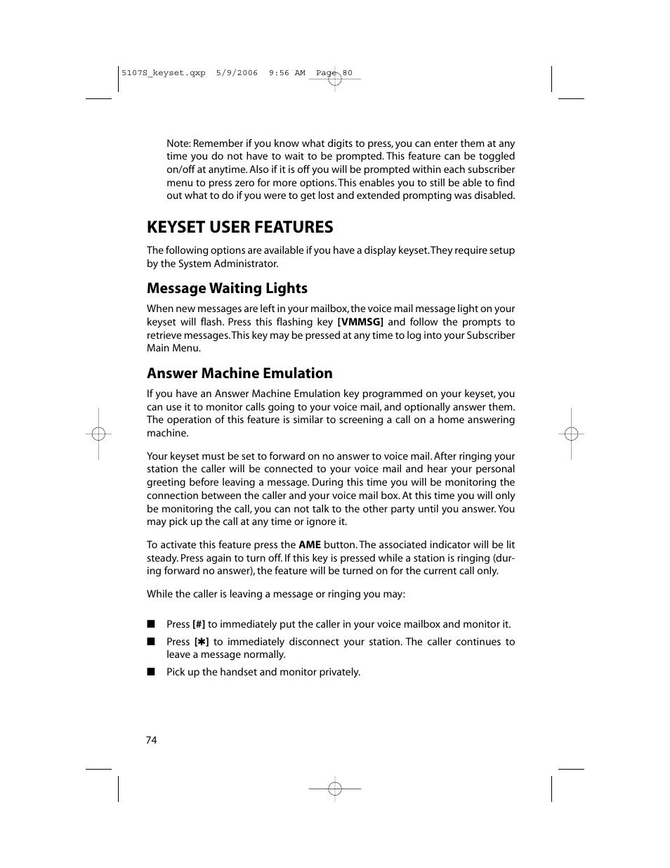 Keyset user features, Message waiting lights, Answer machine emulation | Samsung ITP-5107SIP User Manual | Page 81 / 86