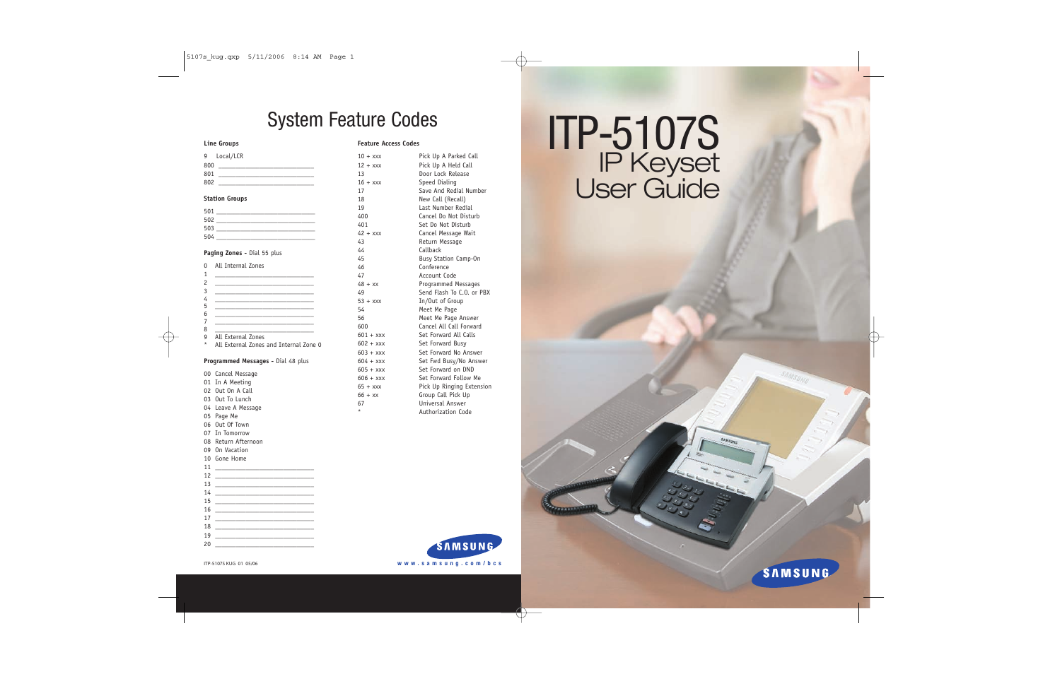 Itp-5107s, Ip keyset user guide, System feature codes | Samsung ITP-5107SIP User Manual | Page 86 / 86