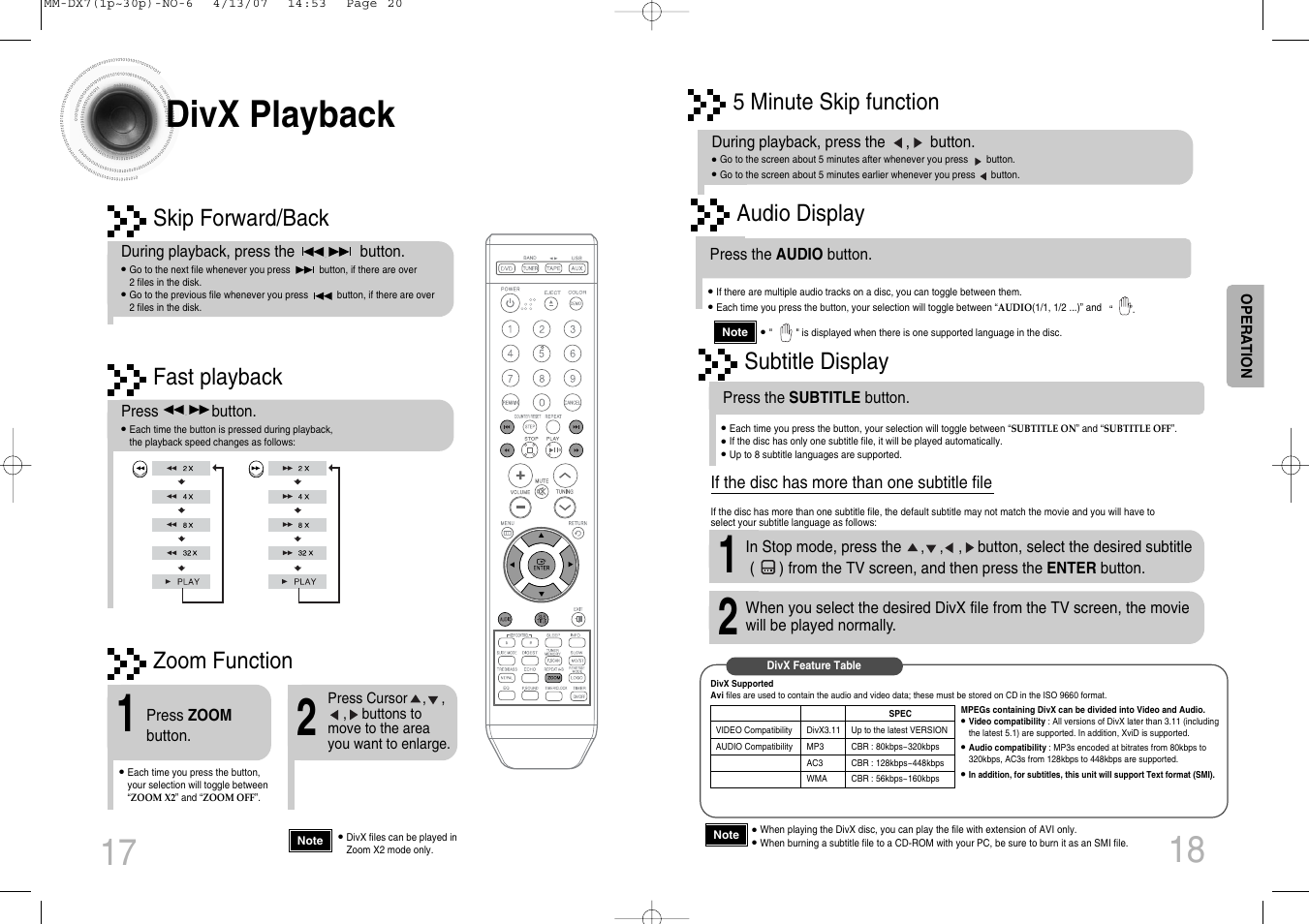 Divx playback, 5 minute skip function fast playback, Skip forward/back | Subtitle display, Zoom function, Audio display | Samsung MM-DX7 User Manual | Page 10 / 33