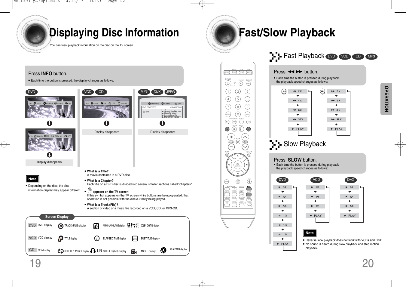 Displaying disc information, Fast/slow playback, 19 displaying disc information | Fast playback, Slow playback | Samsung MM-DX7 User Manual | Page 11 / 33