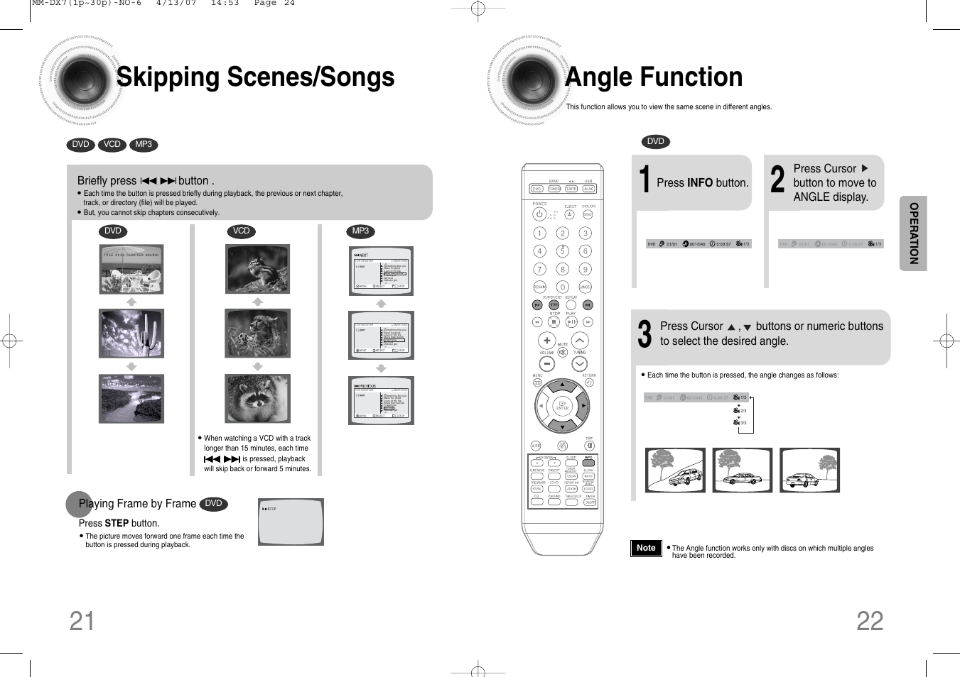 Skipping scenes/songs, Angle function, 22 21 skipping scenes/songs | Samsung MM-DX7 User Manual | Page 12 / 33