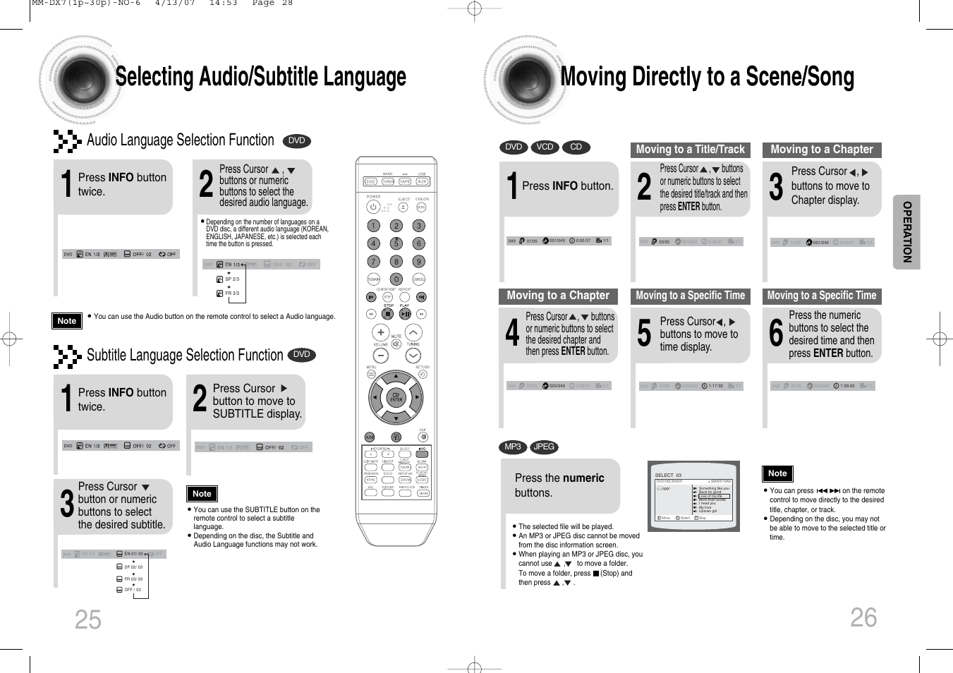 Selecting audio/subtitle language, Moving directly to a scene/song, 26 25 moving directly to a scene/song | Audio language selection function, Subtitle language selection function | Samsung MM-DX7 User Manual | Page 14 / 33