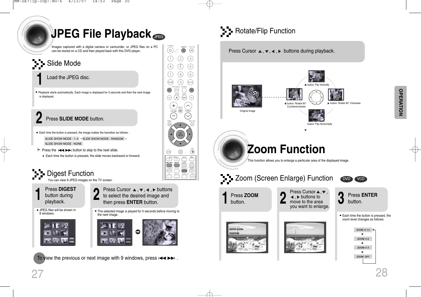 Jpeg file playback, Zoom function | Samsung MM-DX7 User Manual | Page 15 / 33