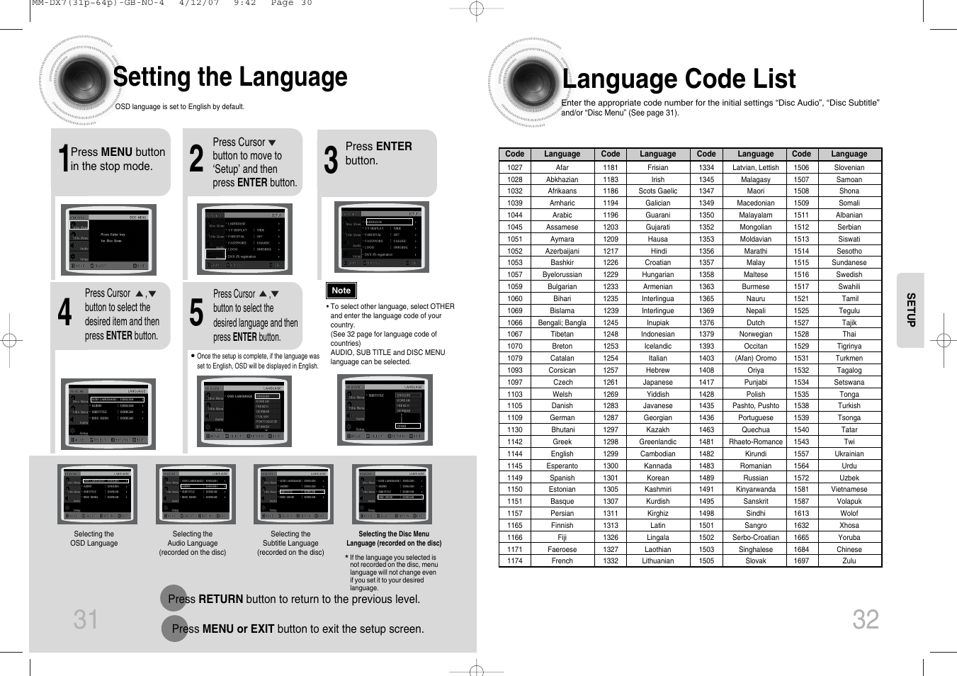 Setup, Setting the language, Language code list | Samsung MM-DX7 User Manual | Page 17 / 33