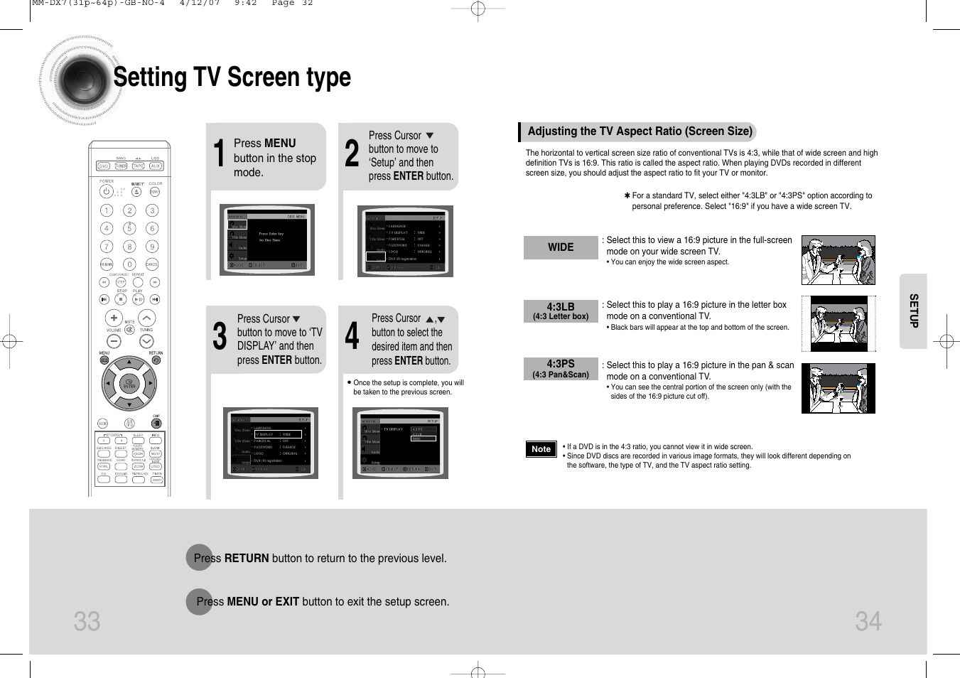 Setting tv screen type, Setting parental controls (rating level), Setting the password | 33 34 setting tv screen type | Samsung MM-DX7 User Manual | Page 18 / 33