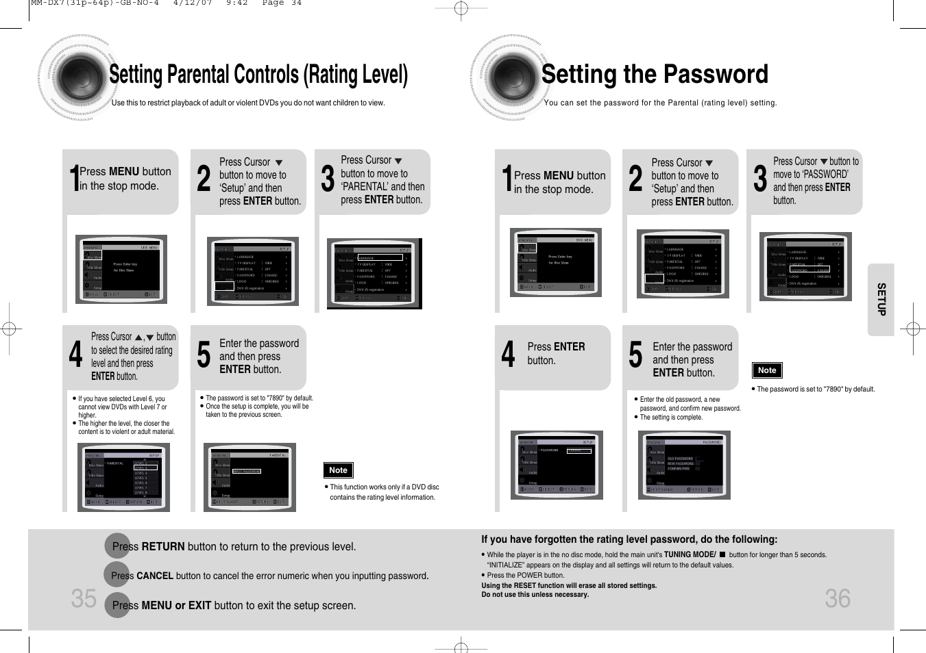 35 36 setting parental controls (rating level), Setting the password | Samsung MM-DX7 User Manual | Page 19 / 33