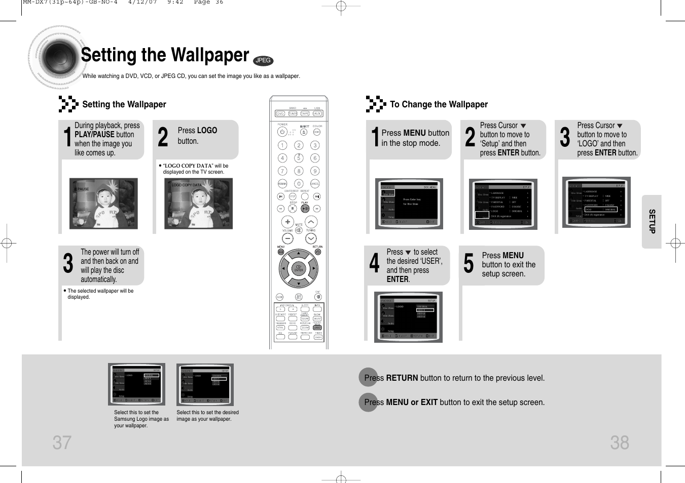 Setting the wallpaper | Samsung MM-DX7 User Manual | Page 20 / 33