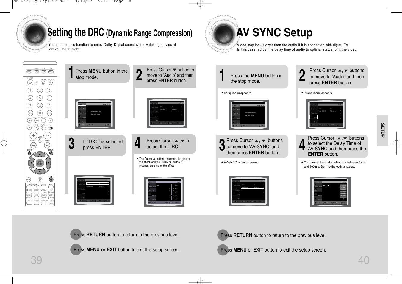 Setting the drc (dynamic range compression), Av sync setup, Playing usb | Selecting a track from usb device, 39 40 setting the drc, Dynamic range compression) | Samsung MM-DX7 User Manual | Page 21 / 33