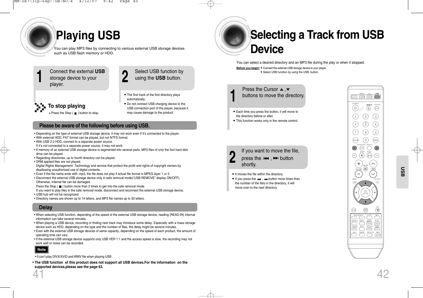 Playing usb, Selecting a track from usb device | Samsung MM-DX7 User Manual | Page 22 / 33