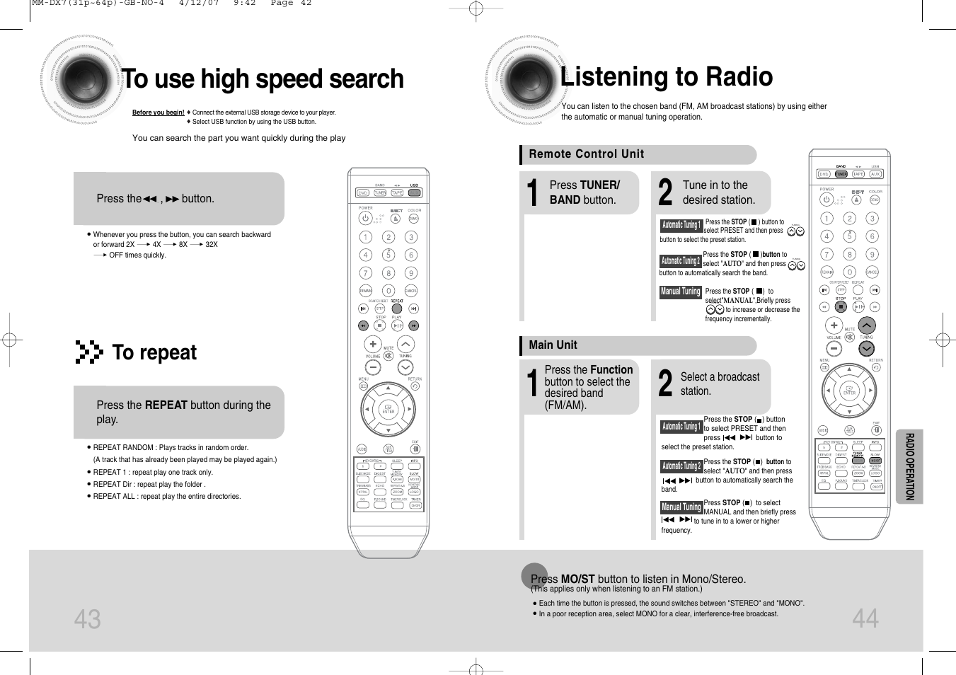 To use high speed search, Radio operation, Listening to radio | Presetting stations, Tape deck, Listening to a cassette, 44 listening to radio | Samsung MM-DX7 User Manual | Page 23 / 33