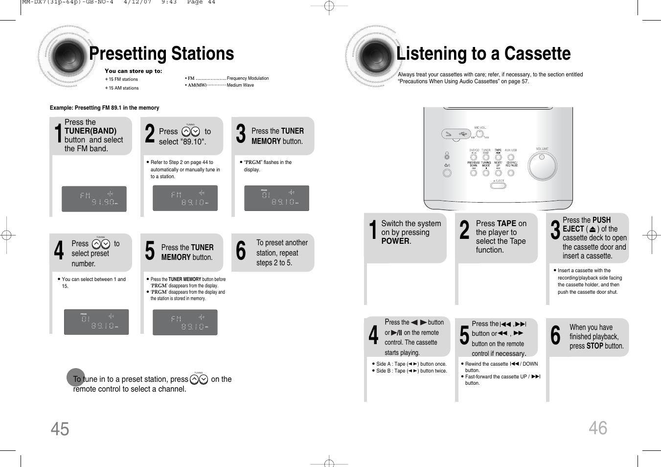 Presetting stations, Listening to a cassette | Samsung MM-DX7 User Manual | Page 24 / 33