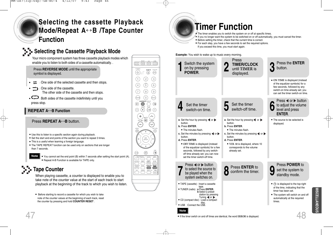 Listening to a cassette, Miscellaneous, Timer function | Cancelling the timer, Recording a compact disc, Selecting the cassette playback mode, Tape counter | Samsung MM-DX7 User Manual | Page 25 / 33