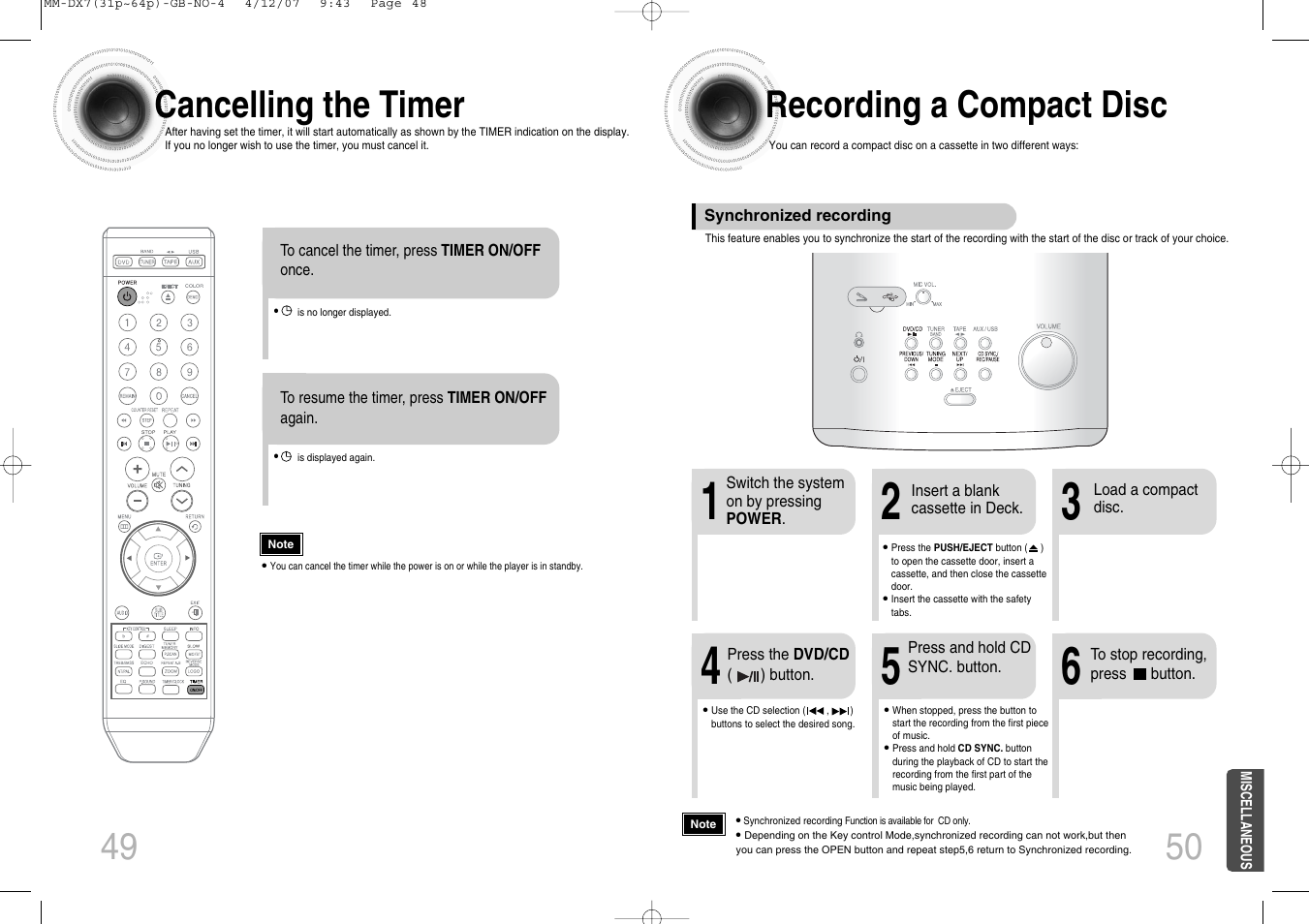 49 recording a compact disc, 50 cancelling the timer | Samsung MM-DX7 User Manual | Page 26 / 33