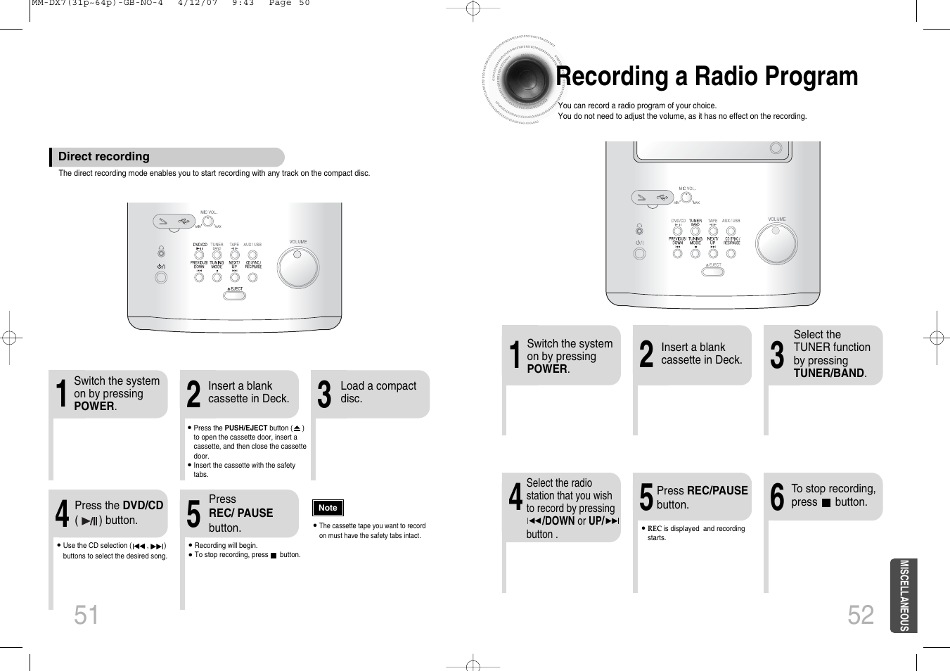 Recording a radio program, Eq/sound mode/treble/bass function, Sleep timer function / mute function | 51 recording a radio program | Samsung MM-DX7 User Manual | Page 27 / 33