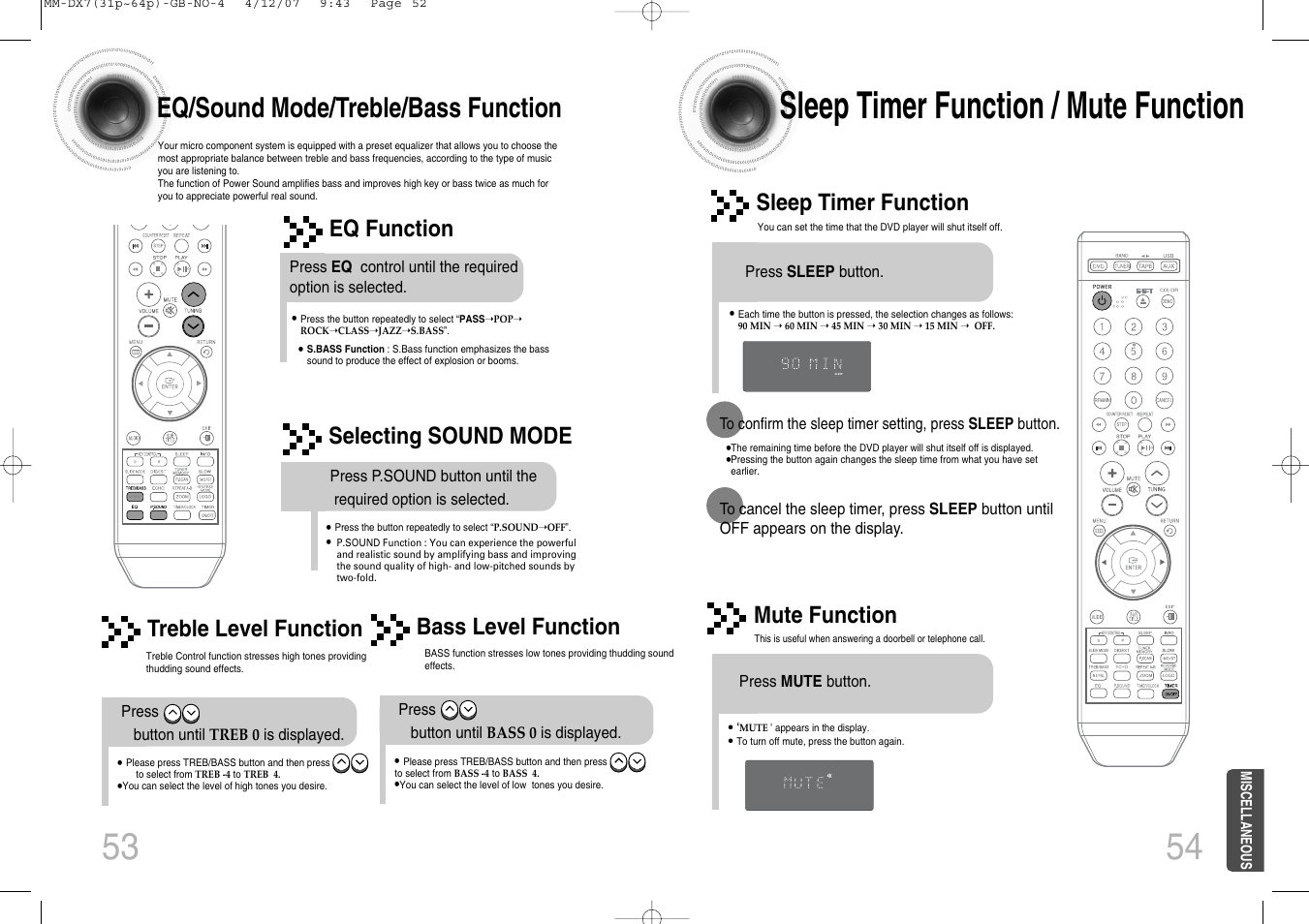 Demo / color function, Connecting headphones/microphone(option), 53 sleep timer function / mute function | Eq/sound mode/treble/bass function, Sleep timer function, Mute function, Bass level function, Sleep | Samsung MM-DX7 User Manual | Page 28 / 33