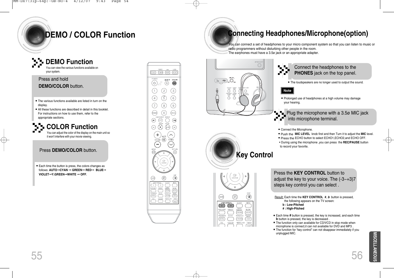 Key control, Cautions on handling and storing discs, Before calling for service | Demo / color function, Demo function, Color function | Samsung MM-DX7 User Manual | Page 29 / 33