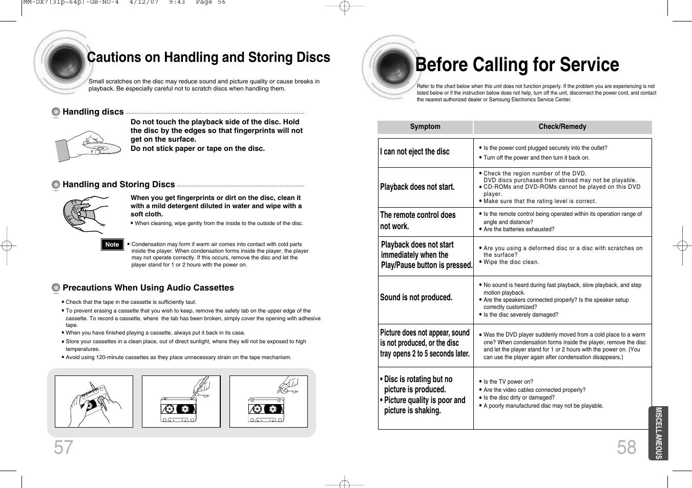 57 before calling for service, Cautions on handling and storing discs | Samsung MM-DX7 User Manual | Page 30 / 33