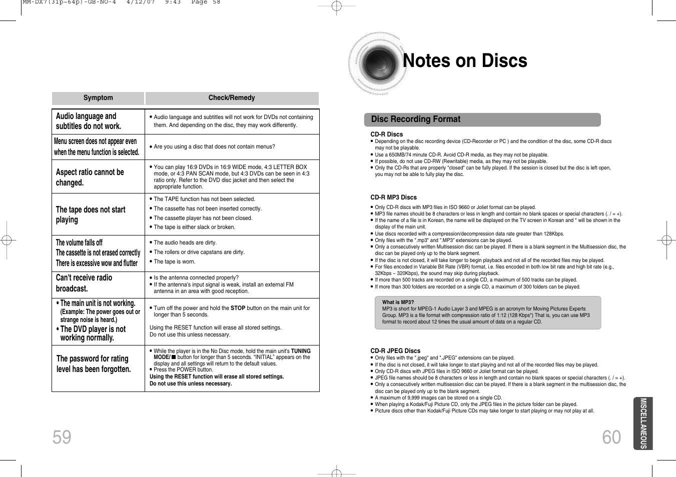 Notes on discs | Samsung MM-DX7 User Manual | Page 31 / 33