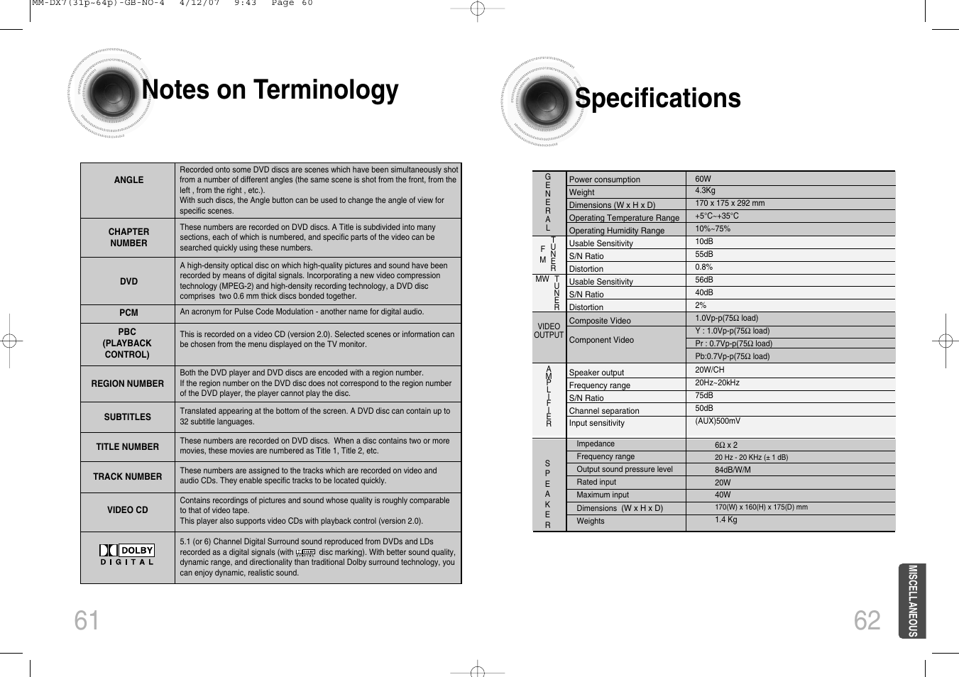 Notes on terminology, Specifications | Samsung MM-DX7 User Manual | Page 32 / 33