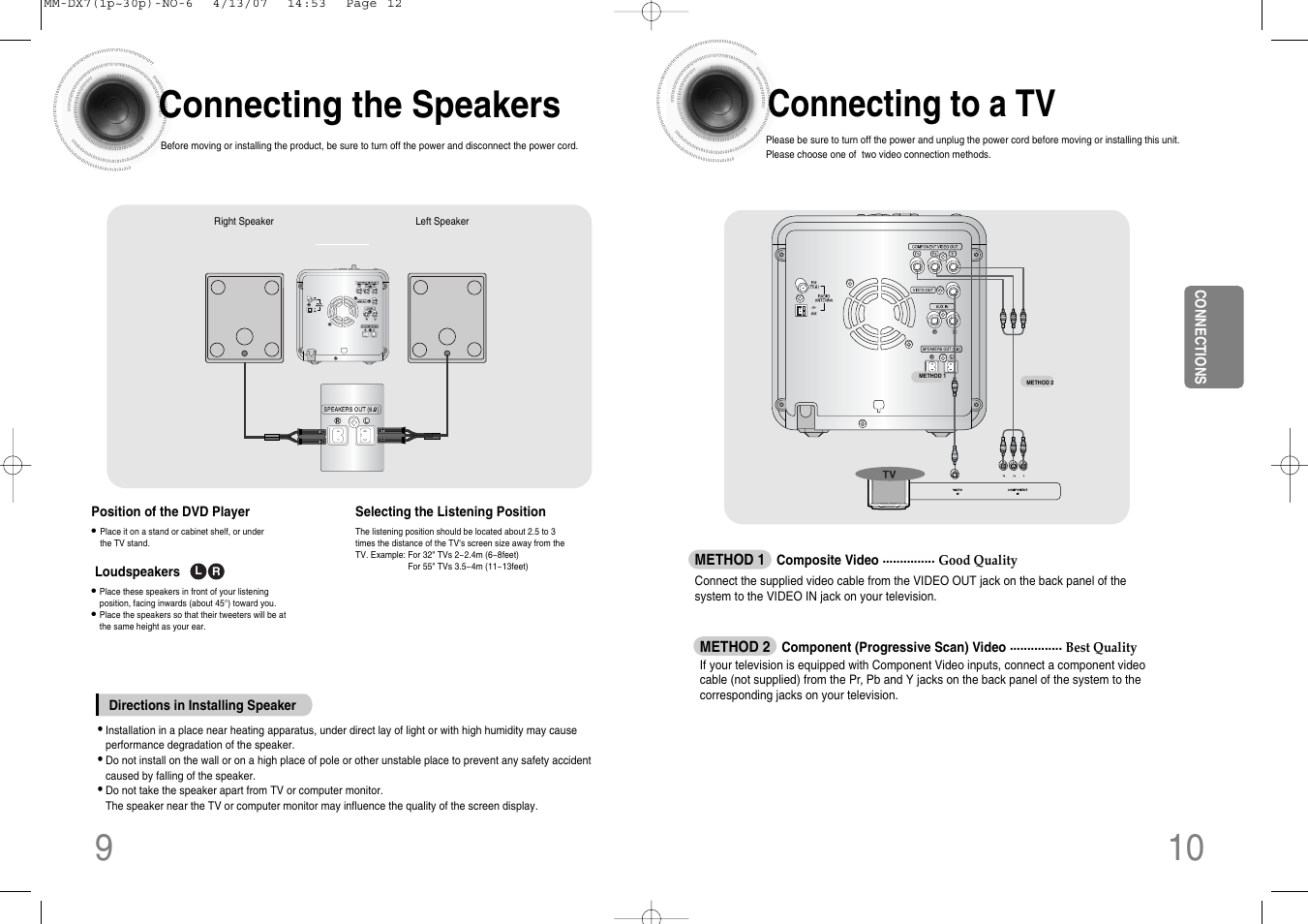 Connections, Connecting the speakers, Connecting to a tv | 9connecting the speakers | Samsung MM-DX7 User Manual | Page 6 / 33