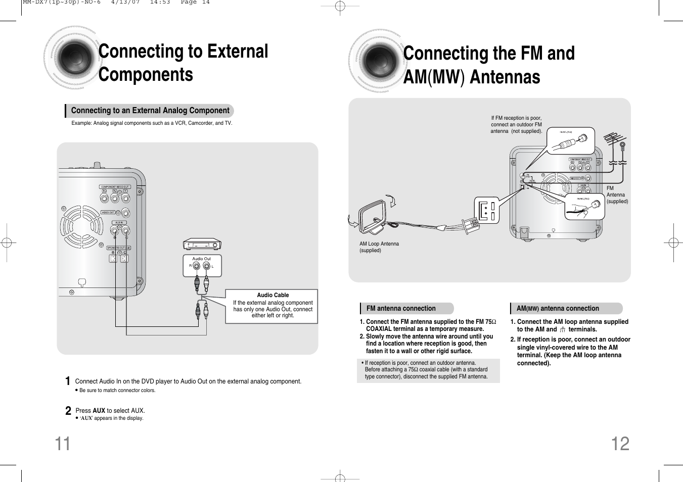 Connecting to external components, Connecting the fm and am(mw) antennas, Connecting the fm and am ( mw ) antennas | Samsung MM-DX7 User Manual | Page 7 / 33