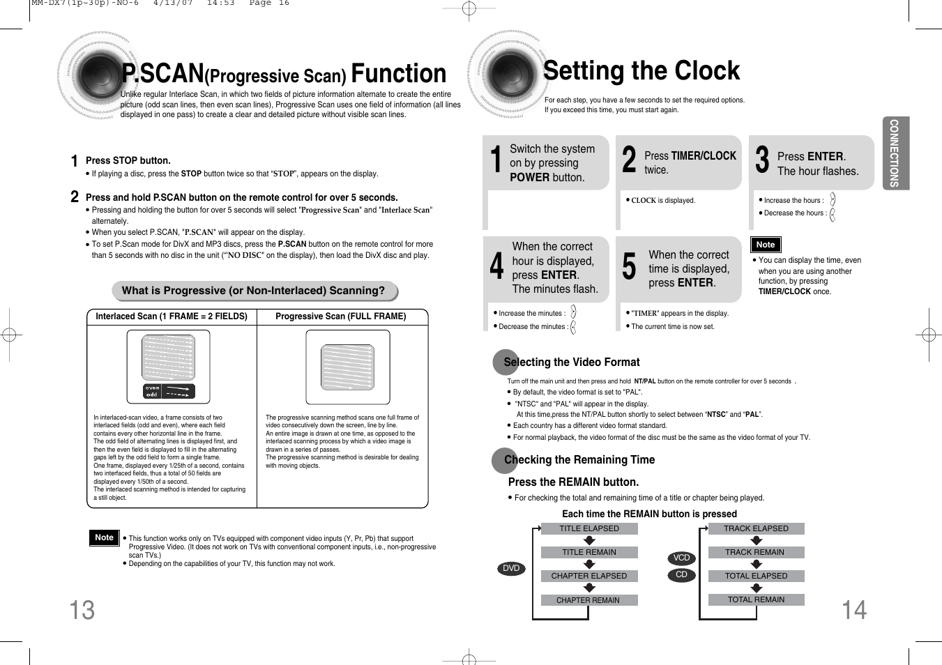 P.scan(progressive scan) function, Setting the clock, P.scan | Function setting the clock, Progressive scan) | Samsung MM-DX7 User Manual | Page 8 / 33