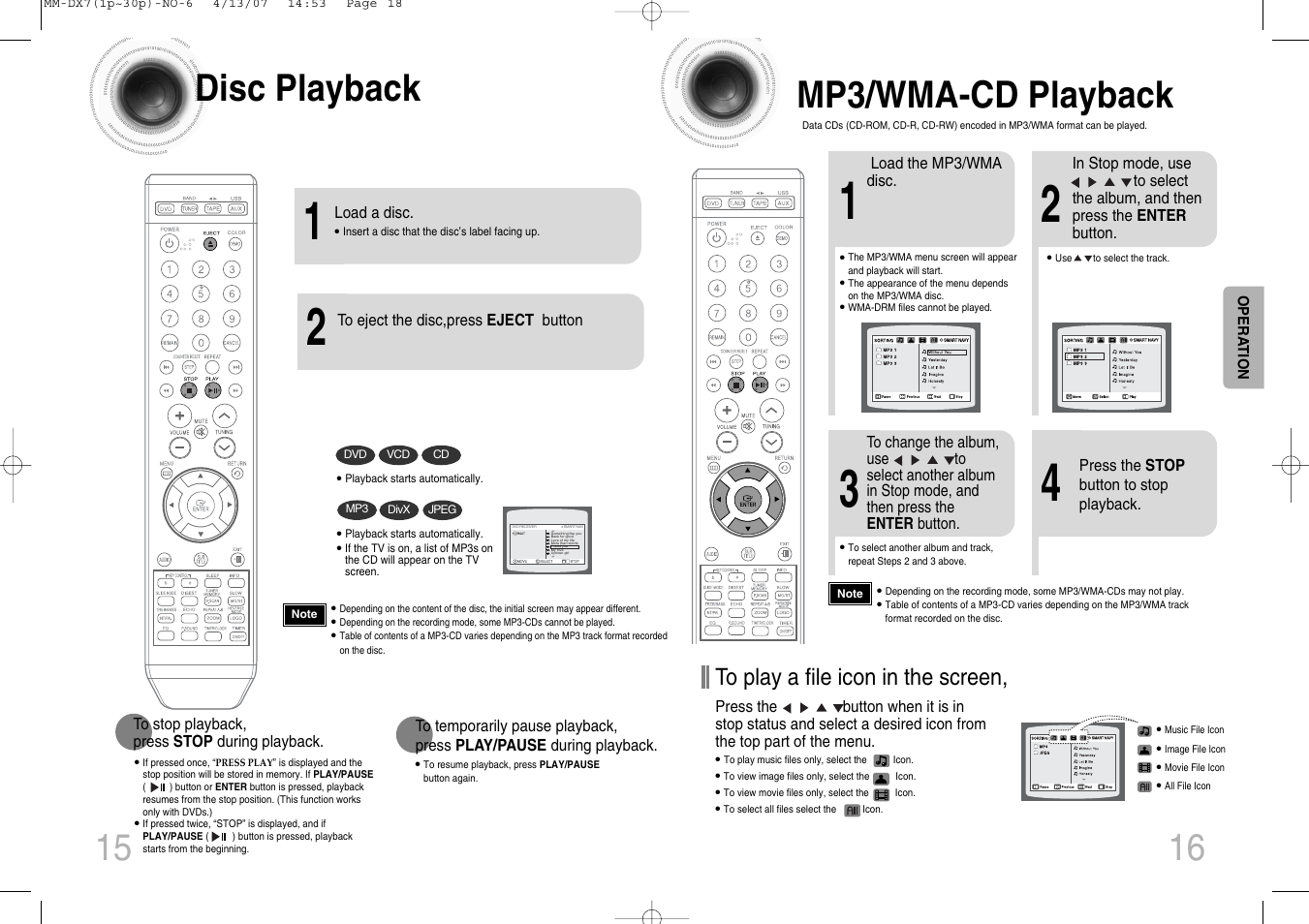 Operation, Disc playback, Mp3/wma-cd playback | 16 15 disc playback | Samsung MM-DX7 User Manual | Page 9 / 33