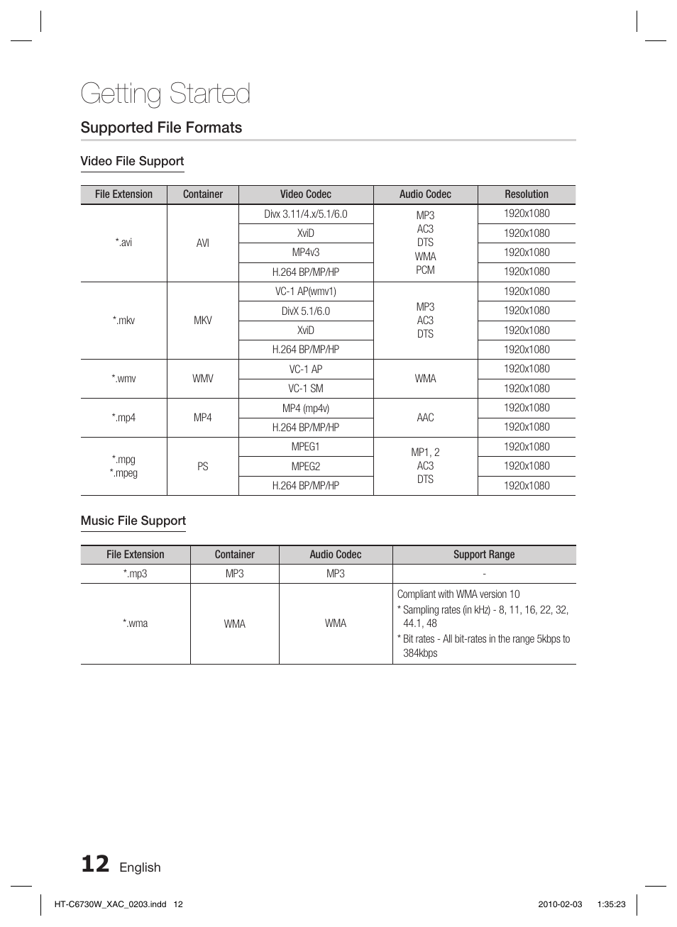 Getting started, Supported file formats | Samsung HT-C6730W User Manual | Page 12 / 71