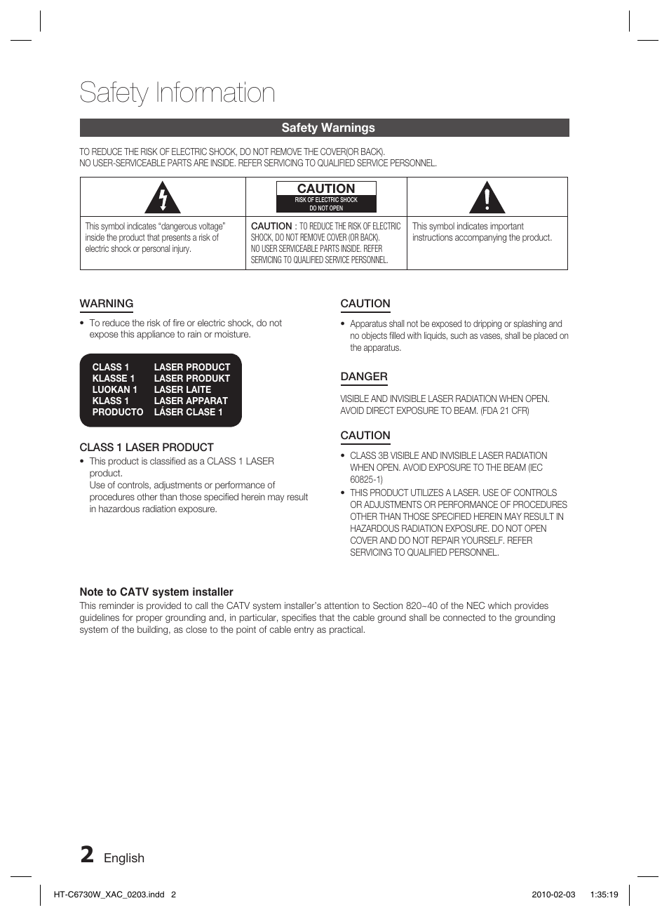 Safety information, Safety warnings | Samsung HT-C6730W User Manual | Page 2 / 71